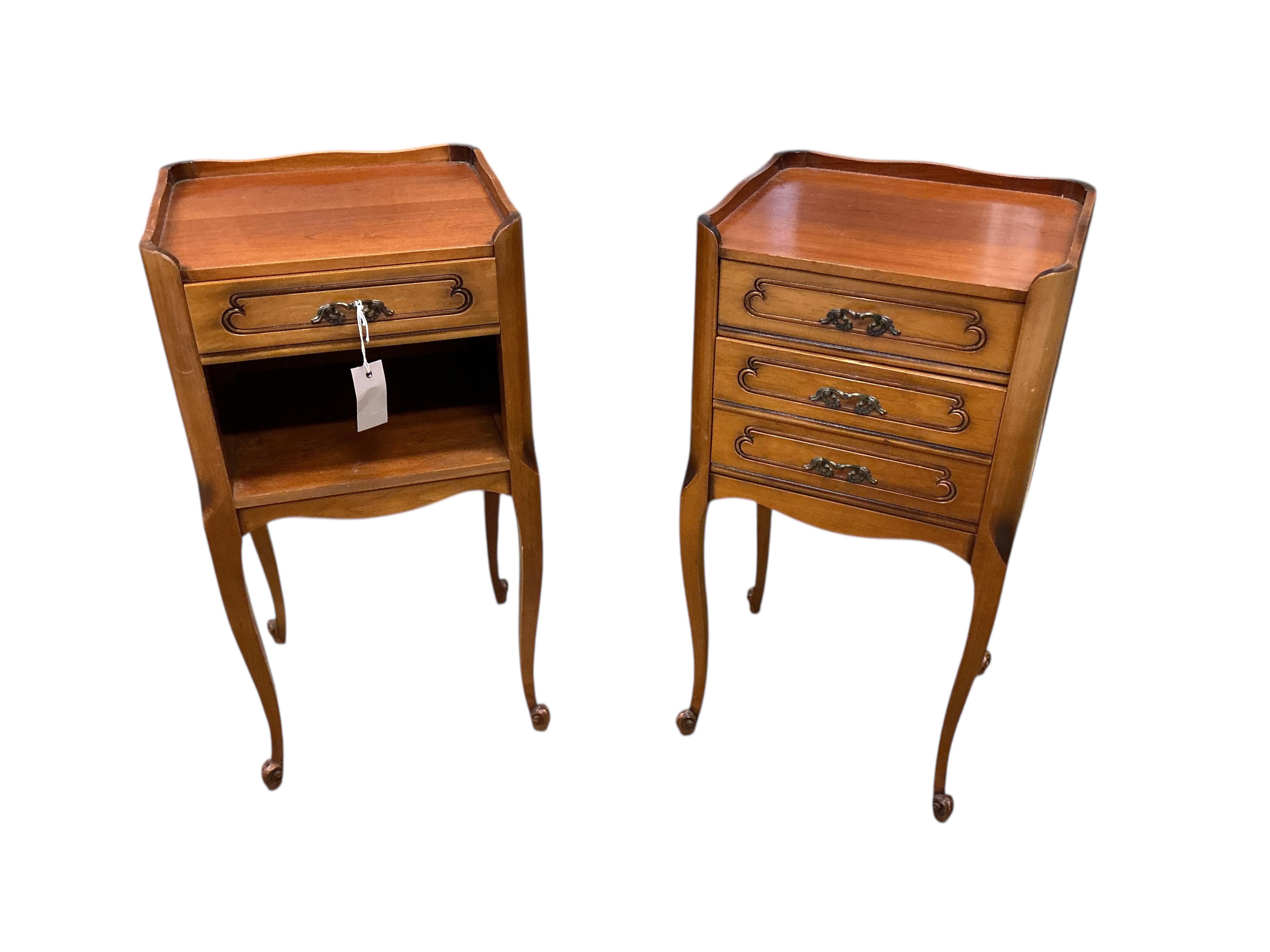 A pair of French cherry bedside tables, width 36cm, depth 31cm, height 70cm